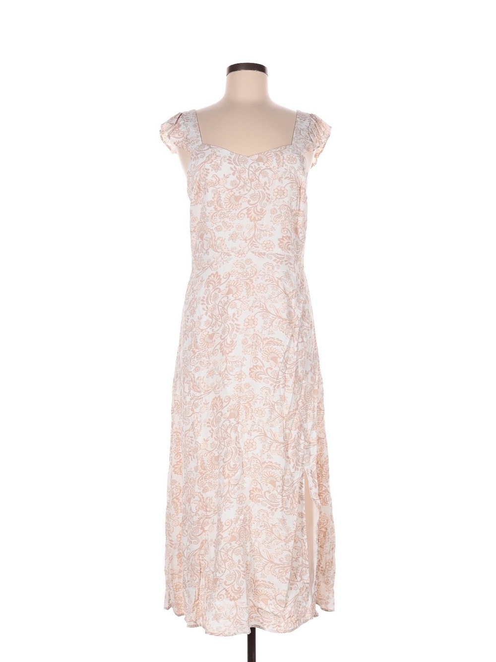 Flutter Sleeve Floral Lace Midi Dress in Light Peach/Tan/White/Paisley